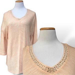 Shannon Ford NY Beige Cream Embellished V-Neck Long Sleeve Tunic Top